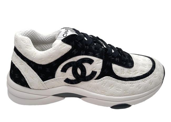 Chanel CC Embossed Logo White Black Suede sneakers