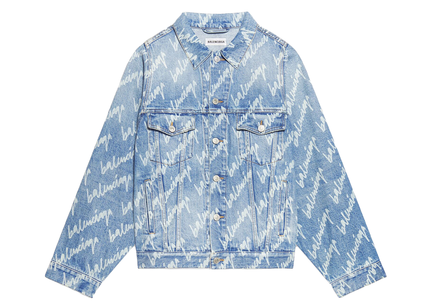 streetwear Balenciaga Womens All Over Logo Bell Sleeve Large Fit Denim Jacket Indigo/White