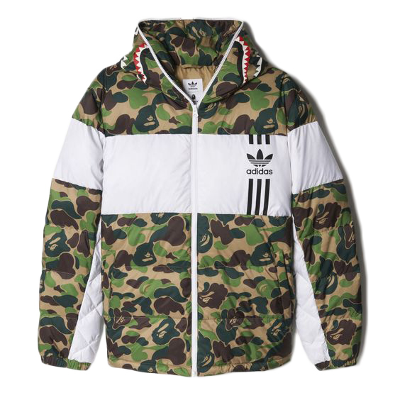 streetwear BAPE X adidas ABC Camo Firebird Shark Puffer Jacket Green