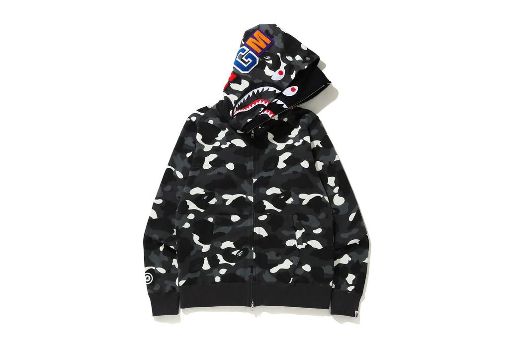 streetwear BAPE City Camo Shark Wide Full Zip Double Hoodie Black