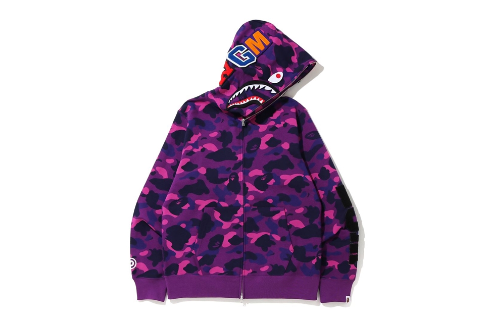 streetwear BAPE Color Camo Detachable Shark Full Zip Hoodie Purple