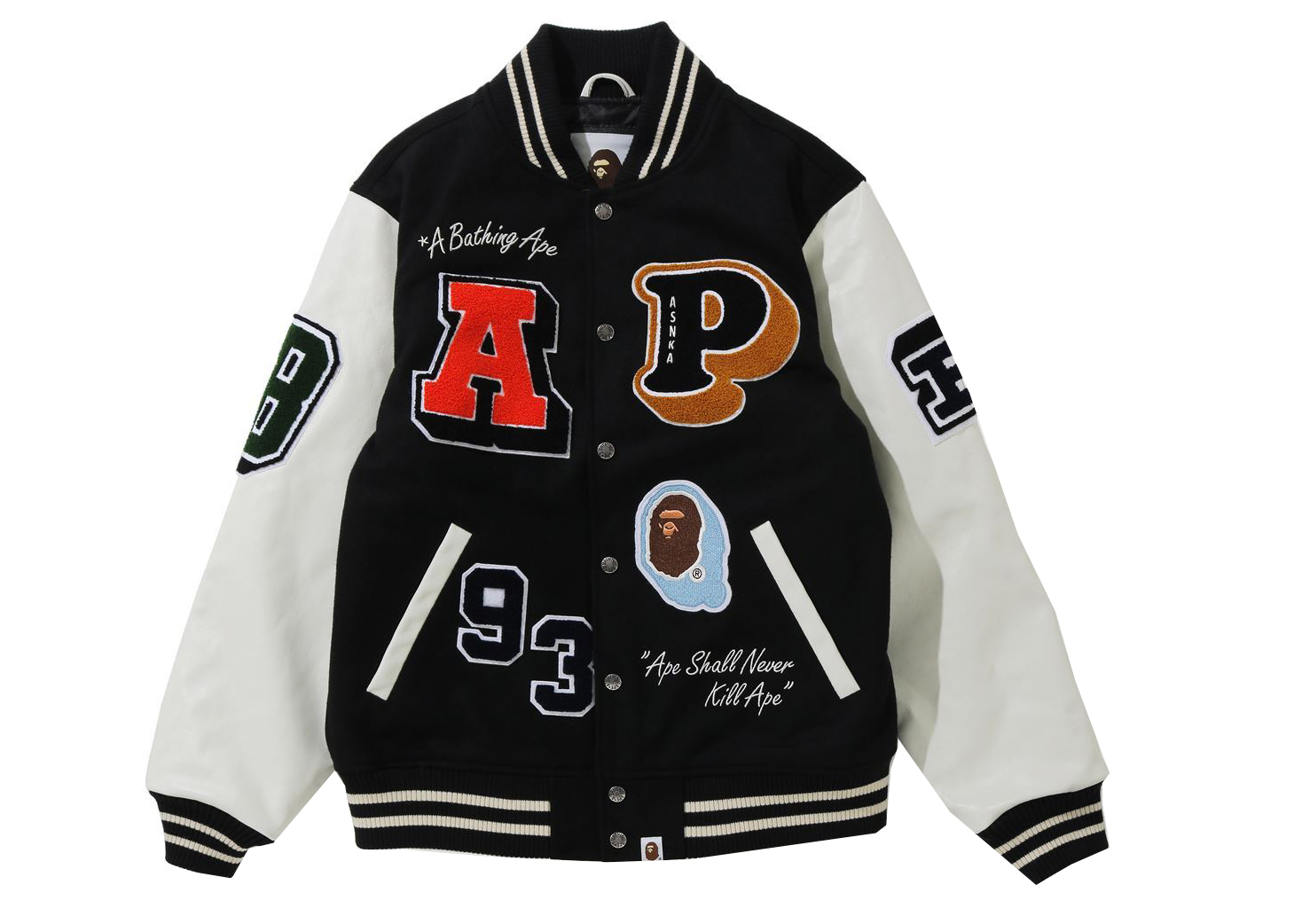 streetwear BAPE Crazy Patch Varsity Jacket Black