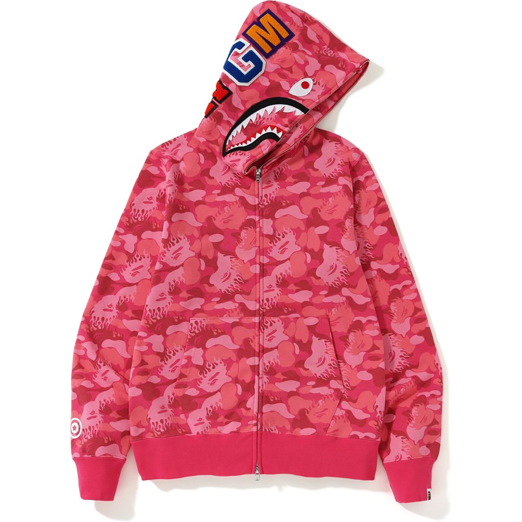 streetwear BAPE Fire Camo Shark Full Zip Hoodie Pink