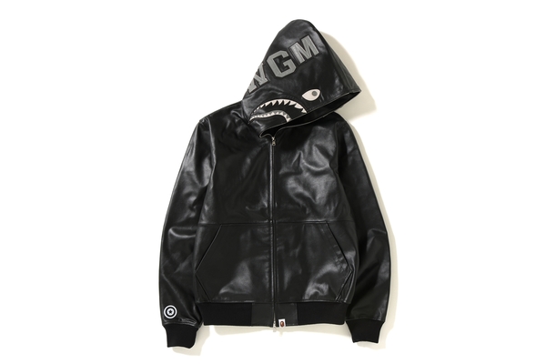 streetwear BAPE Leather Shark Hoodie Jacket Black