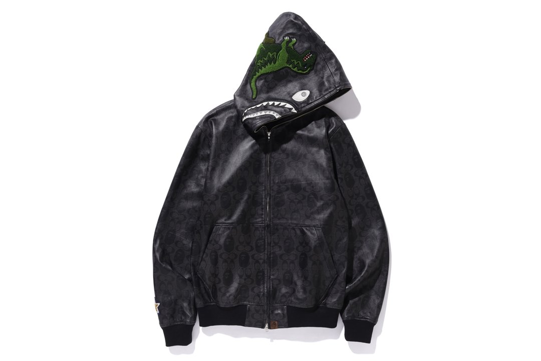 streetwear BAPE x Coach Leather Shark Hoodie Jacket Black