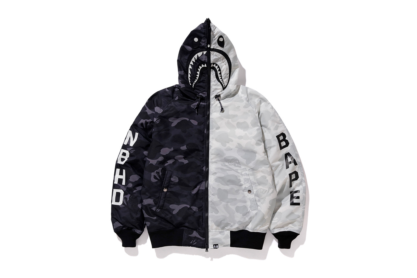 streetwear BAPE x Neighborhood Down Shark Jacket Black/White