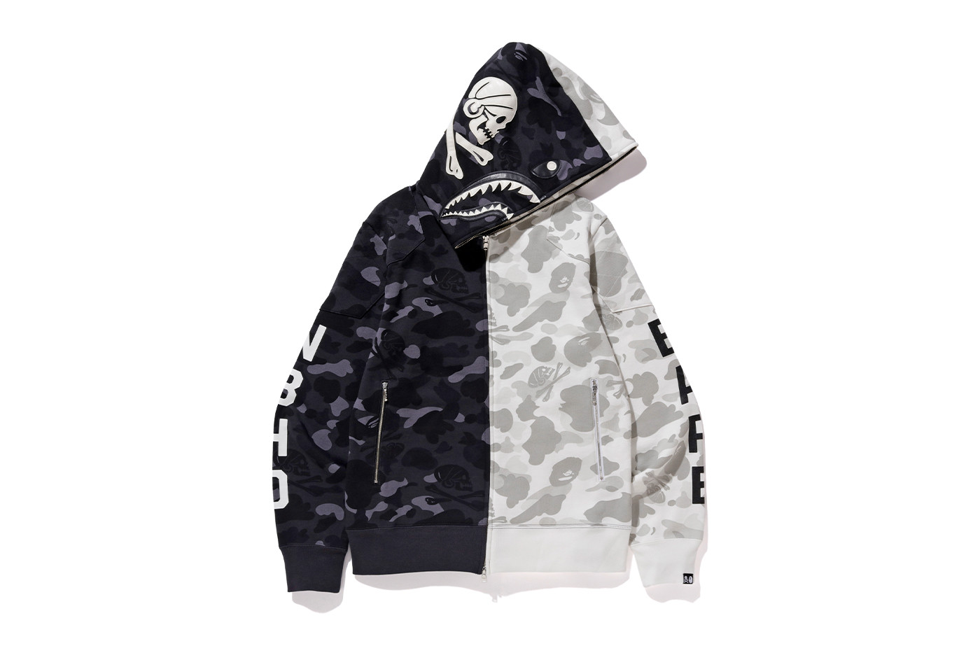 streetwear BAPE x Neighborhood Split Camo Shark Full Zip Hoodie Black/White