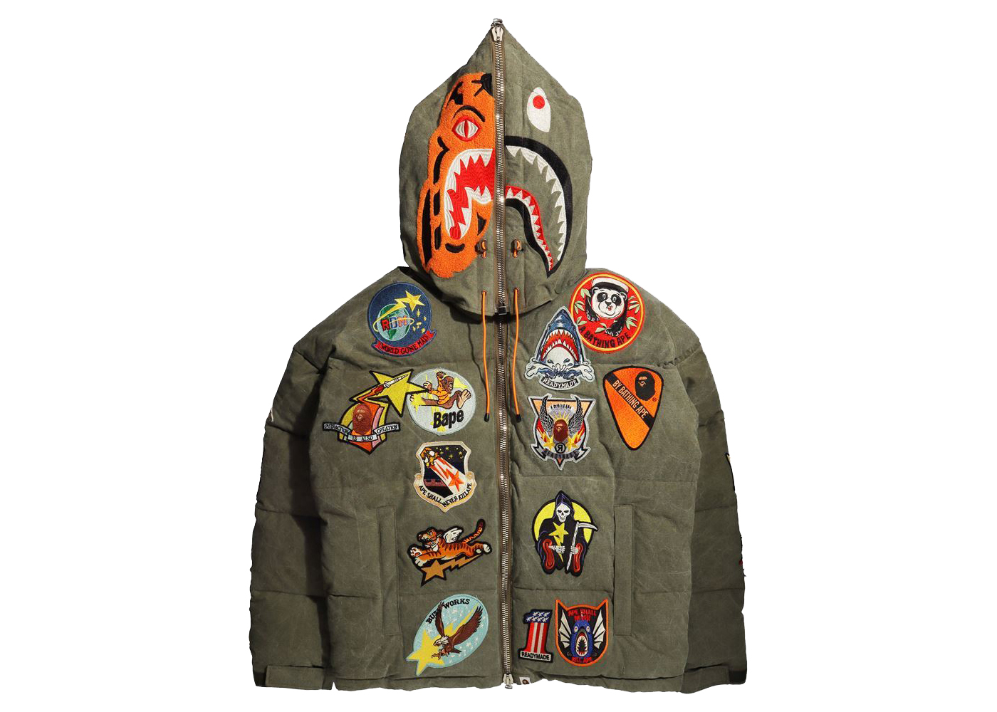 streetwear BAPE x READYMADE Tiger Shark Down Jacket Olivedrab