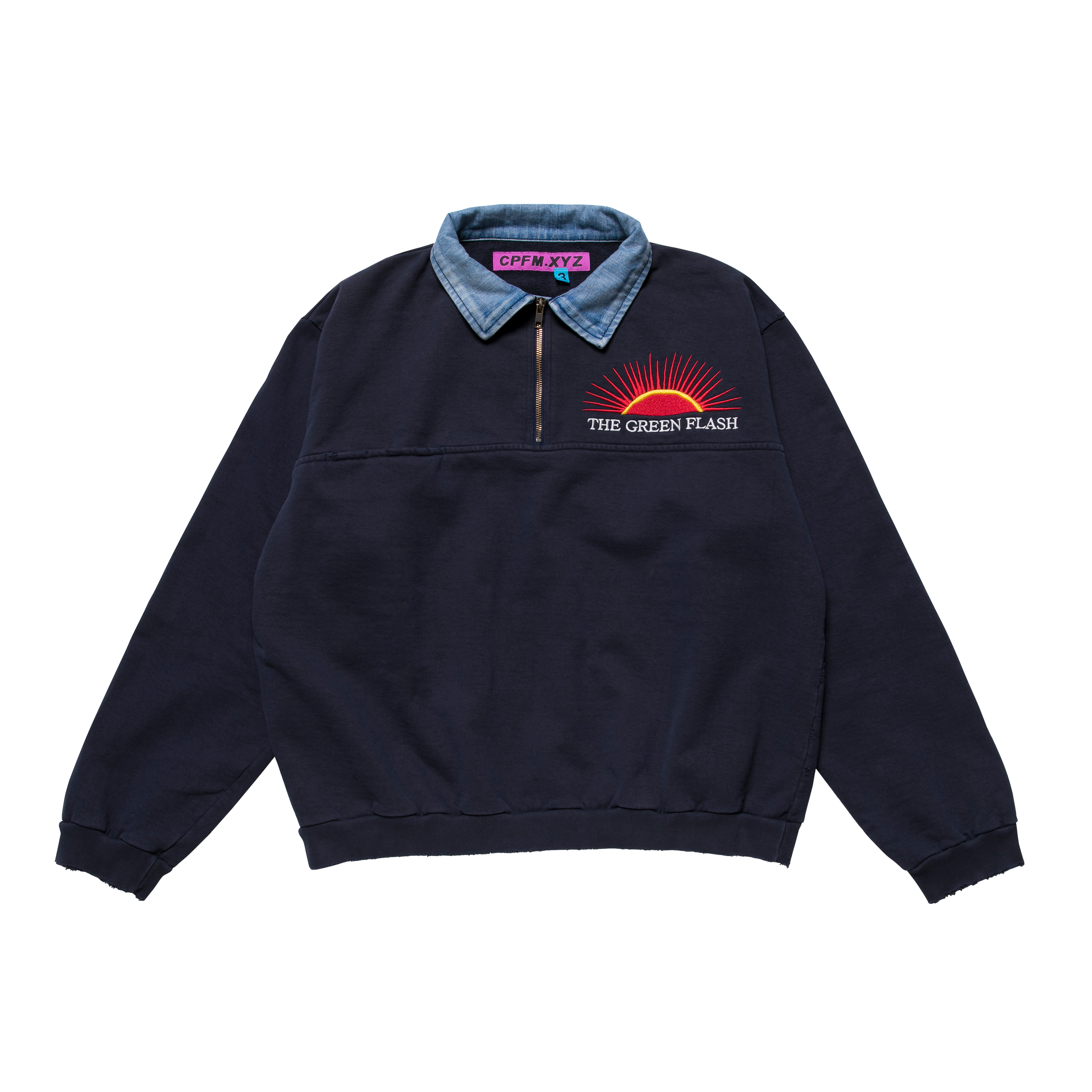 streetwear Cactus Plant Flea Market Green Flash Denim Half Zip Fleece Navy