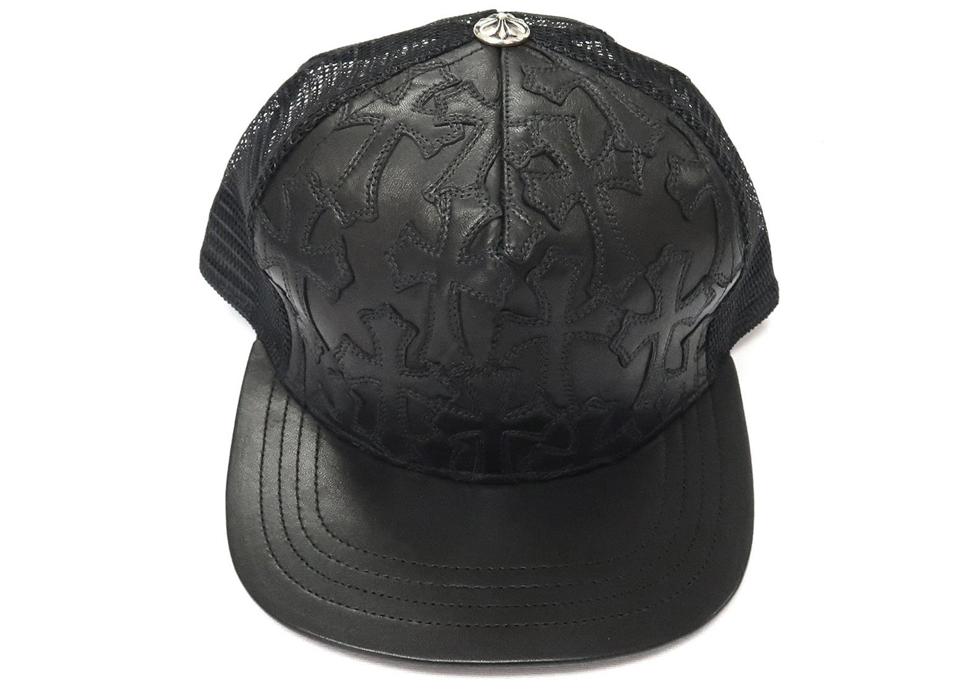 streetwear Chrome Hearts Cemetary Cross Leather Stitched Trucker Hat Black