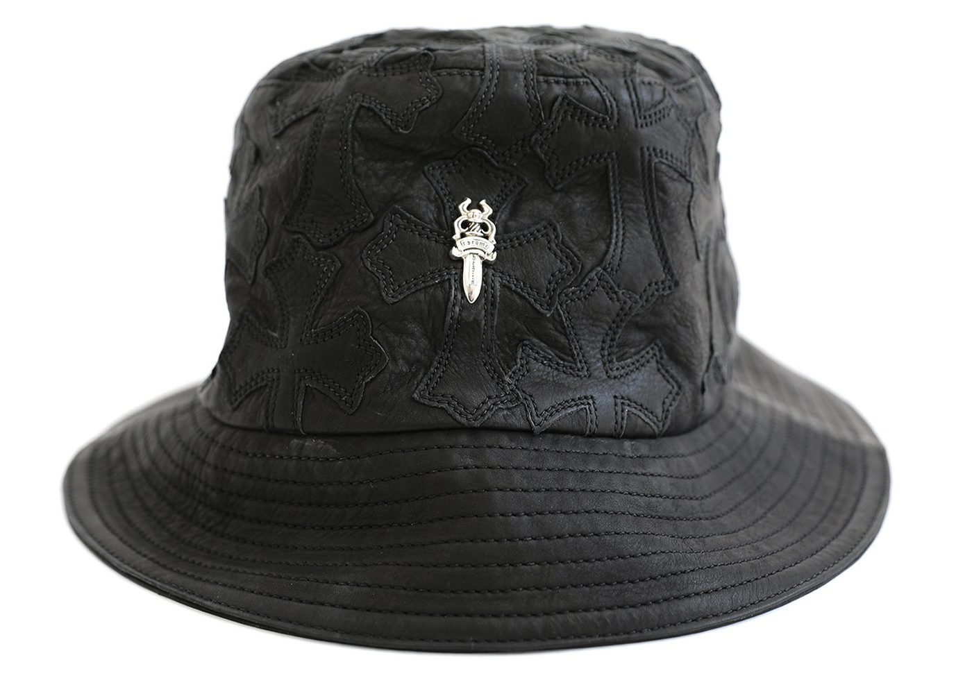 streetwear Chrome Hearts Cross Leather Patch Bucket Hat Black