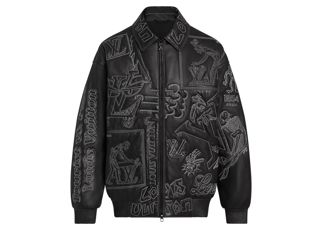 streetwear Louis Vuitton Embroidered Leather Bomber Black