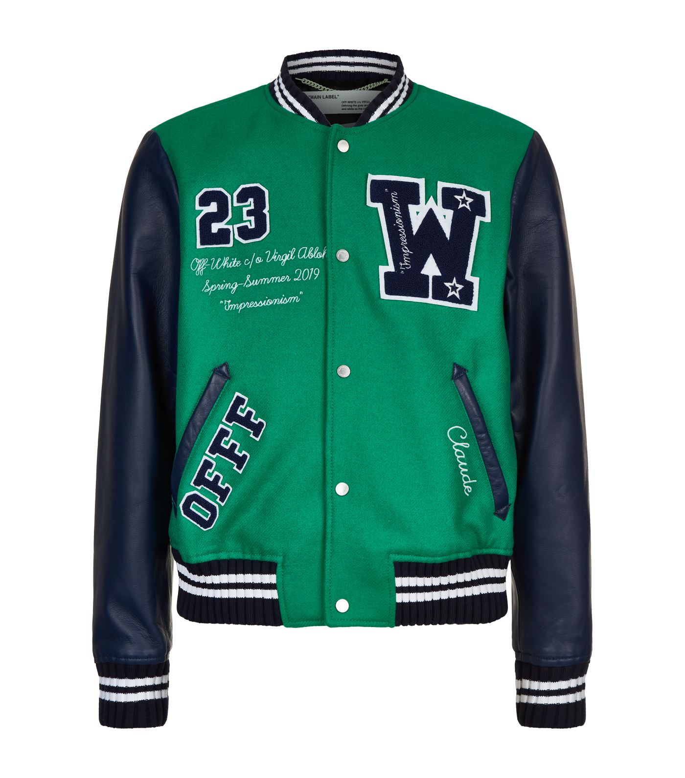 streetwear OFF-WHITE Eagle Logo Leather Sleeve Varsity Jacket Green/Navy/White