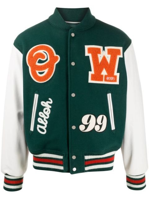 streetwear OFF-WHITE Leather Logo Patch Varsity Jacket Dark Green/Orange