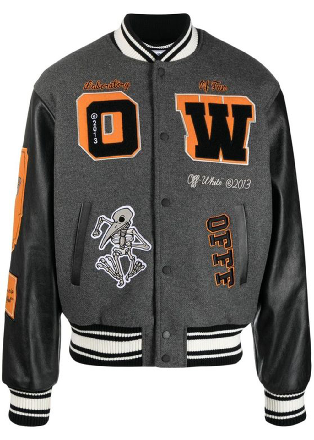 streetwear OFF-WHITE Patch Embellished Varsity Bomber Jacket Medium Grey Yellow Black