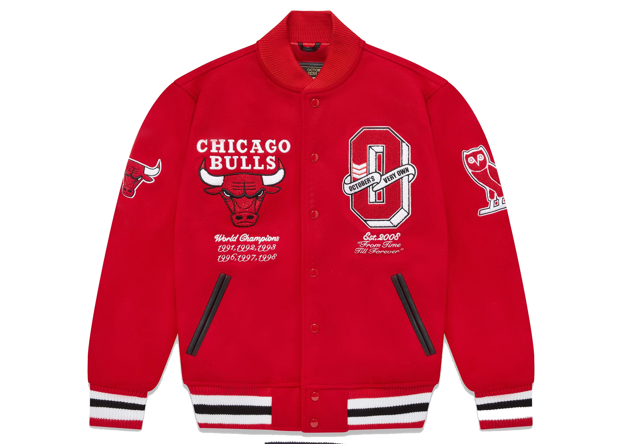 streetwear OVO x NBA Bulls Varsity Jacket Red