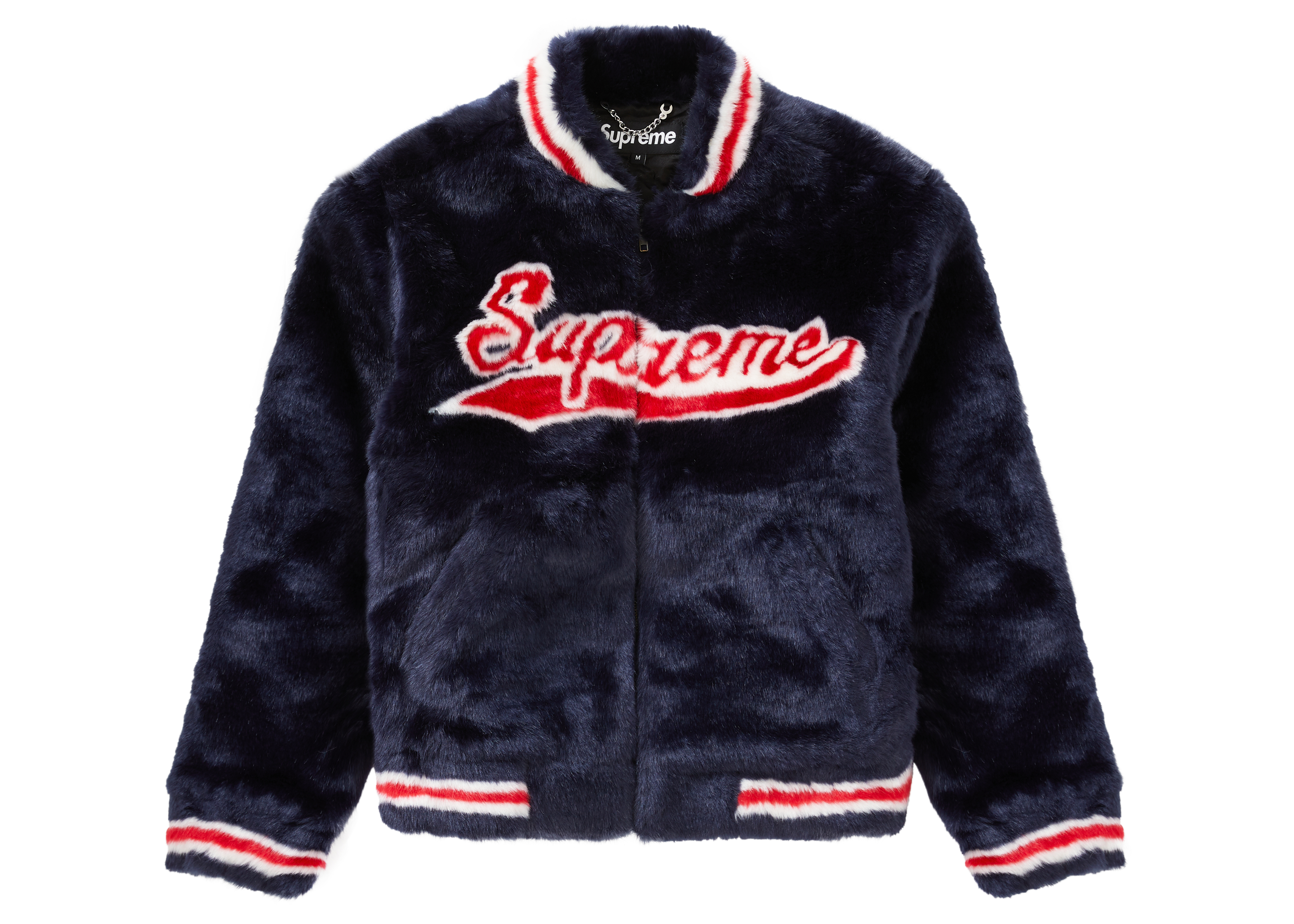 streetwear Supreme Faux Fur Varsity Jacket Navy