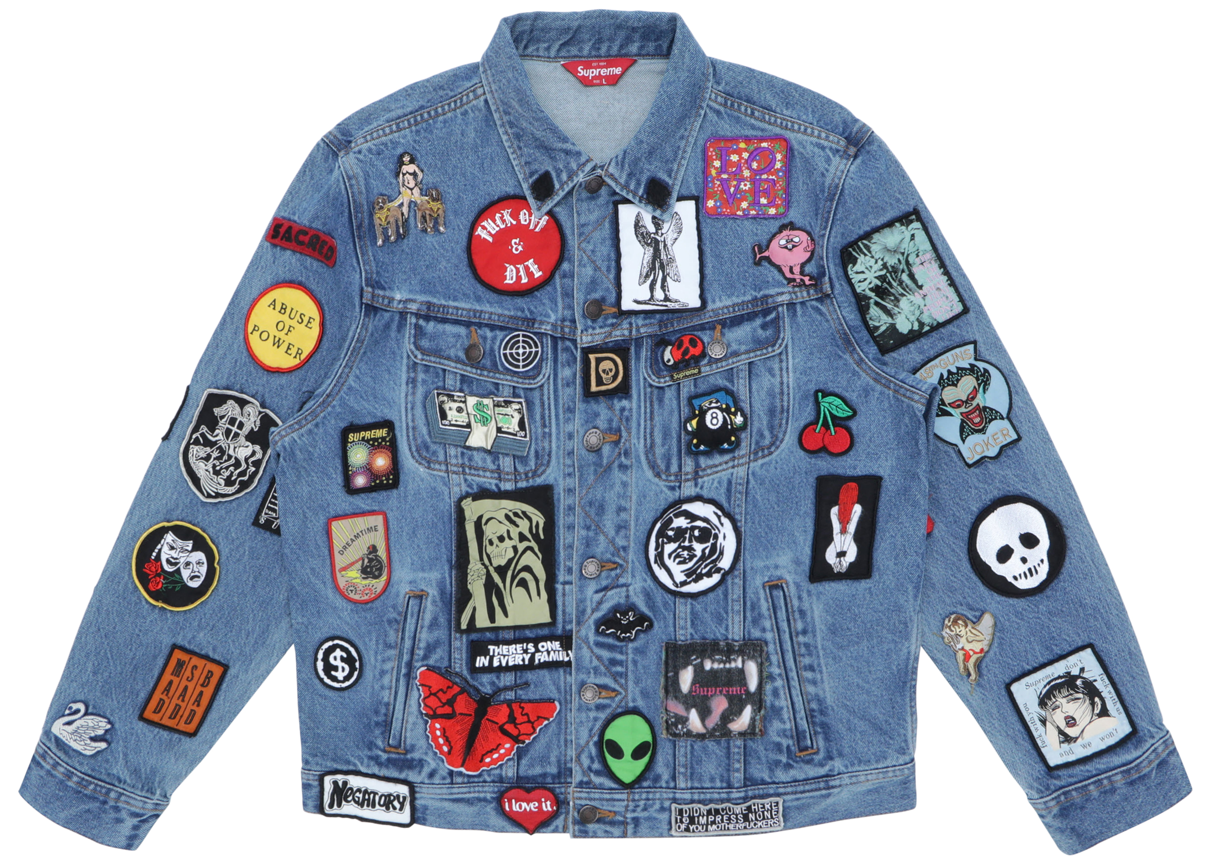 streetwear Supreme Patches Denim Trucker Jacket Blue