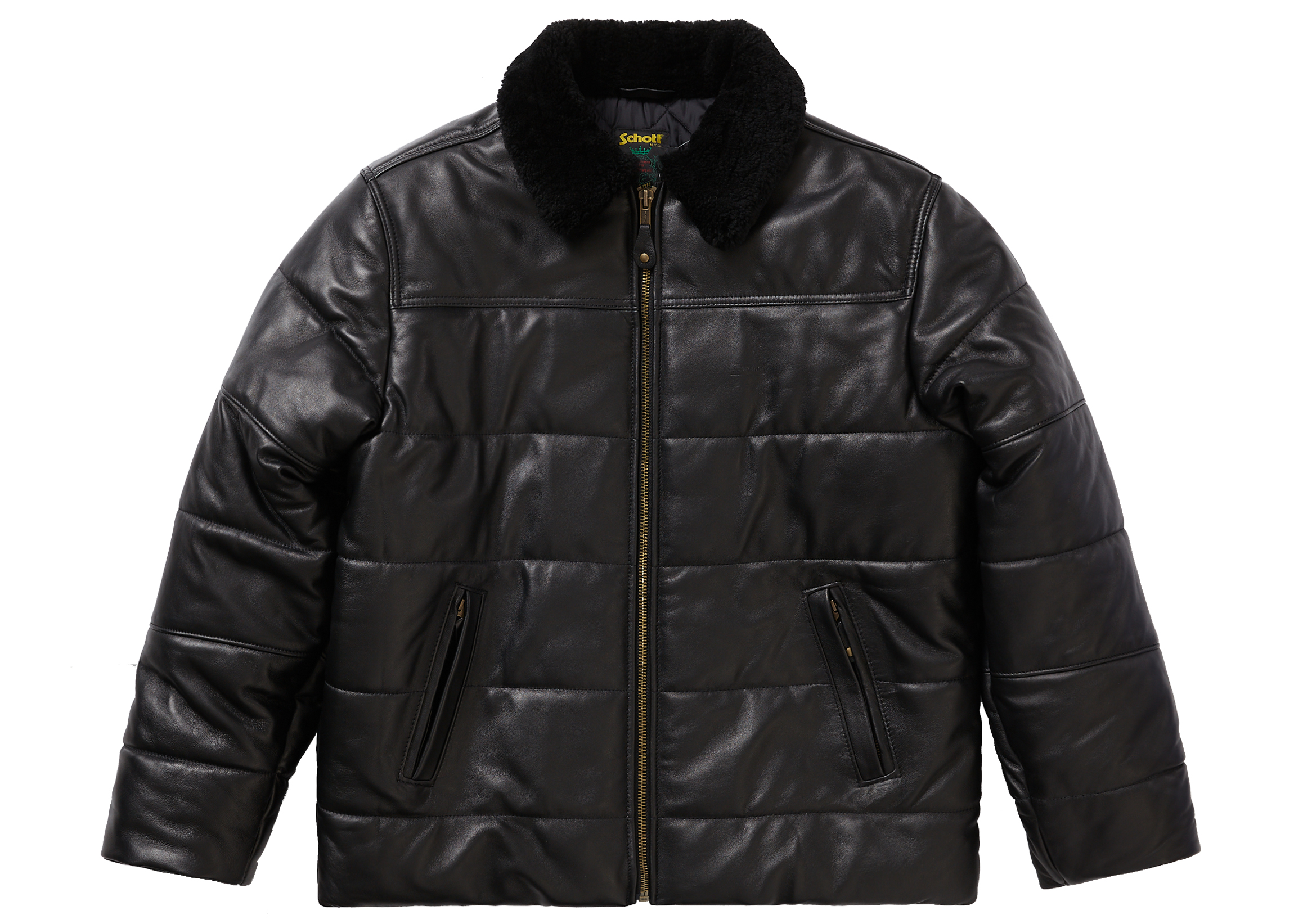 streetwear Supreme Schott Shearling Collar Leather Puffy Jacket Black
