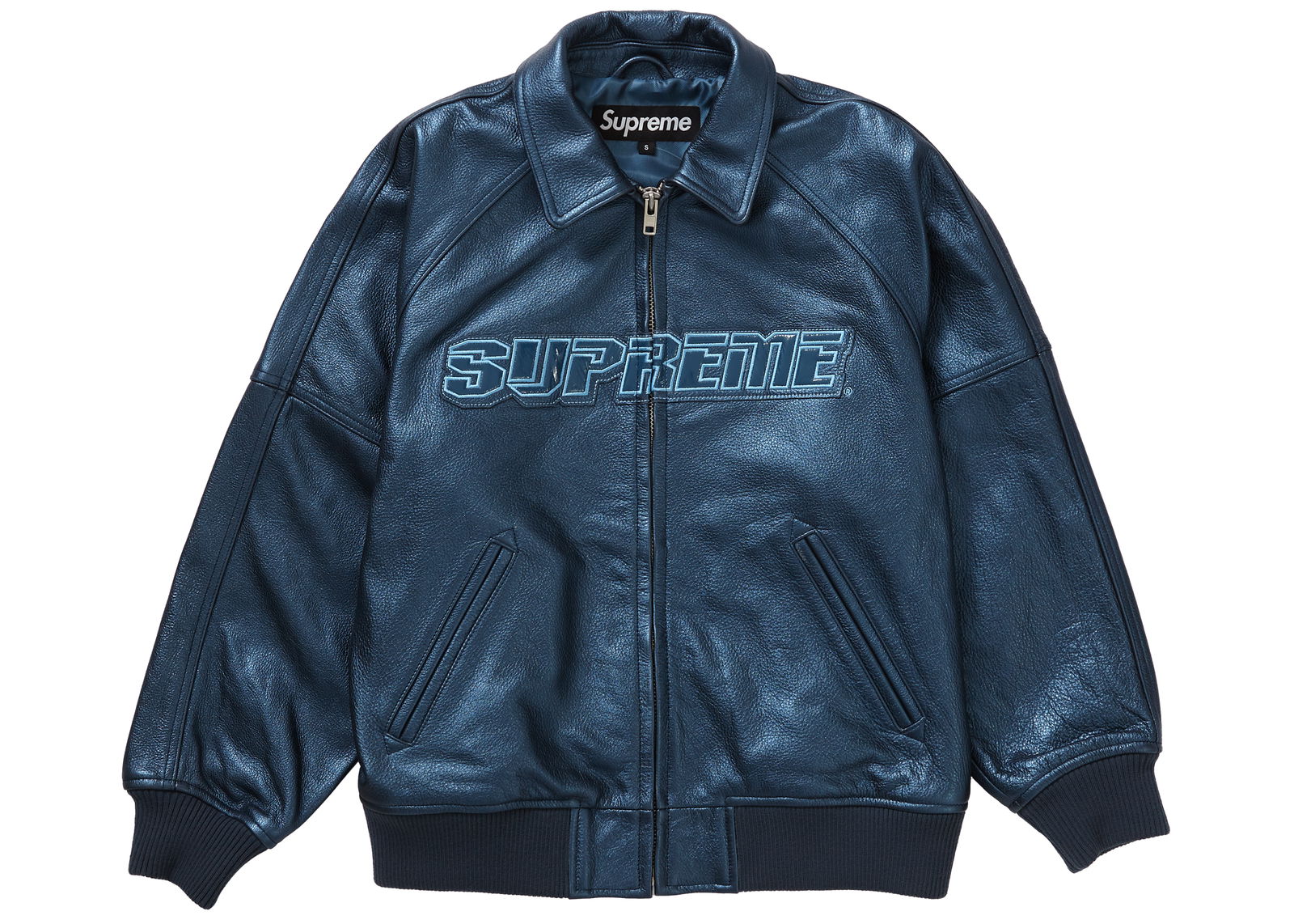 streetwear Supreme Silver Surfer Leather Varsity Jacket Blue