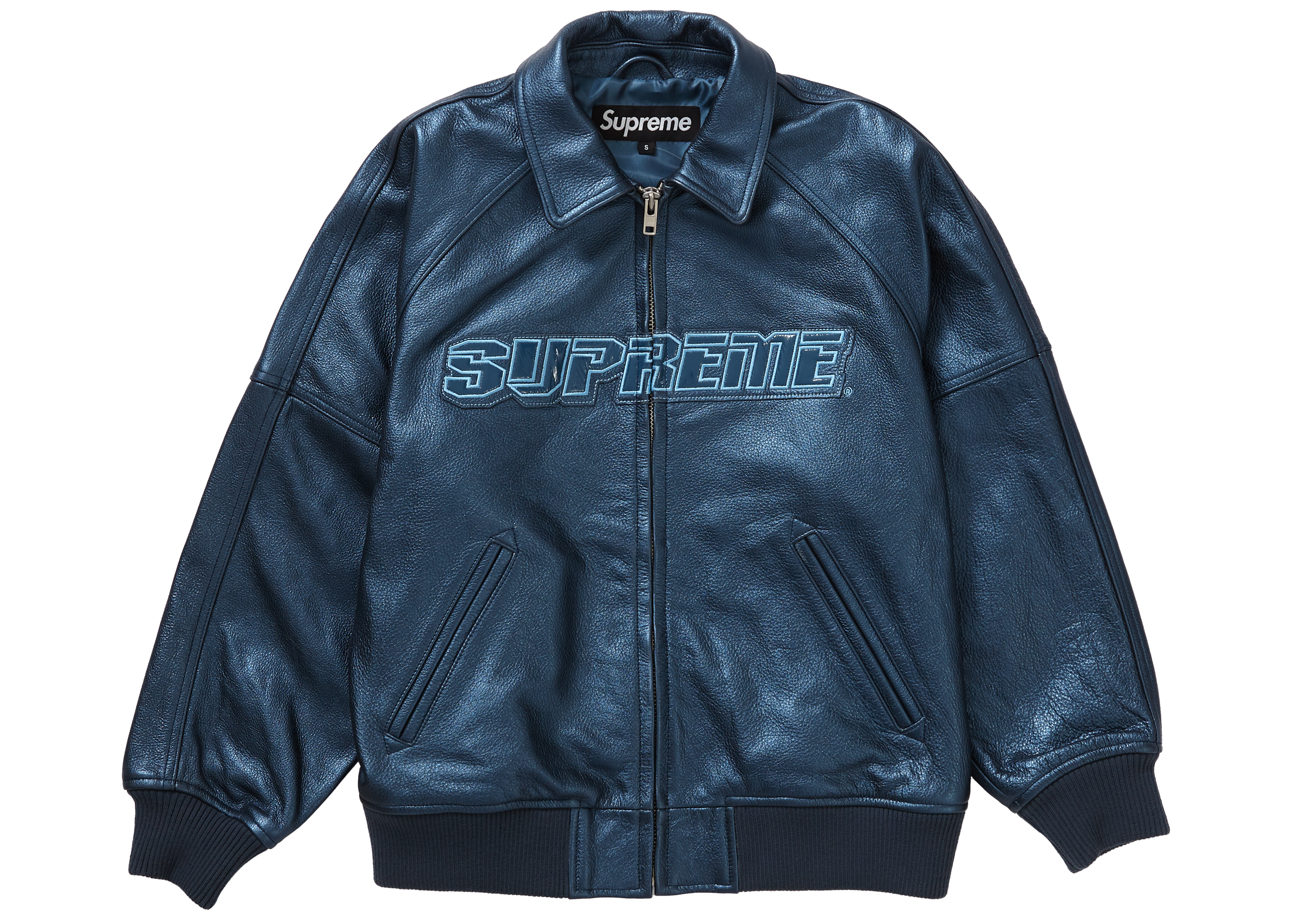 streetwear Supreme Silver Surfer Leather Varsity Jacket Blue