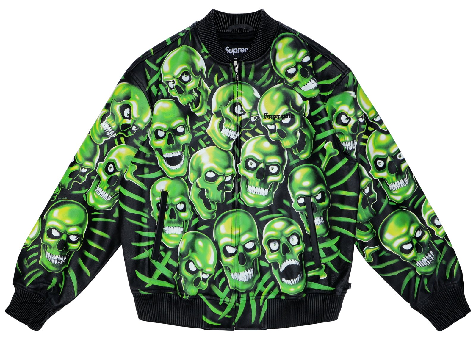 streetwear Supreme Skull Pile Leather Bomber Jacket Green