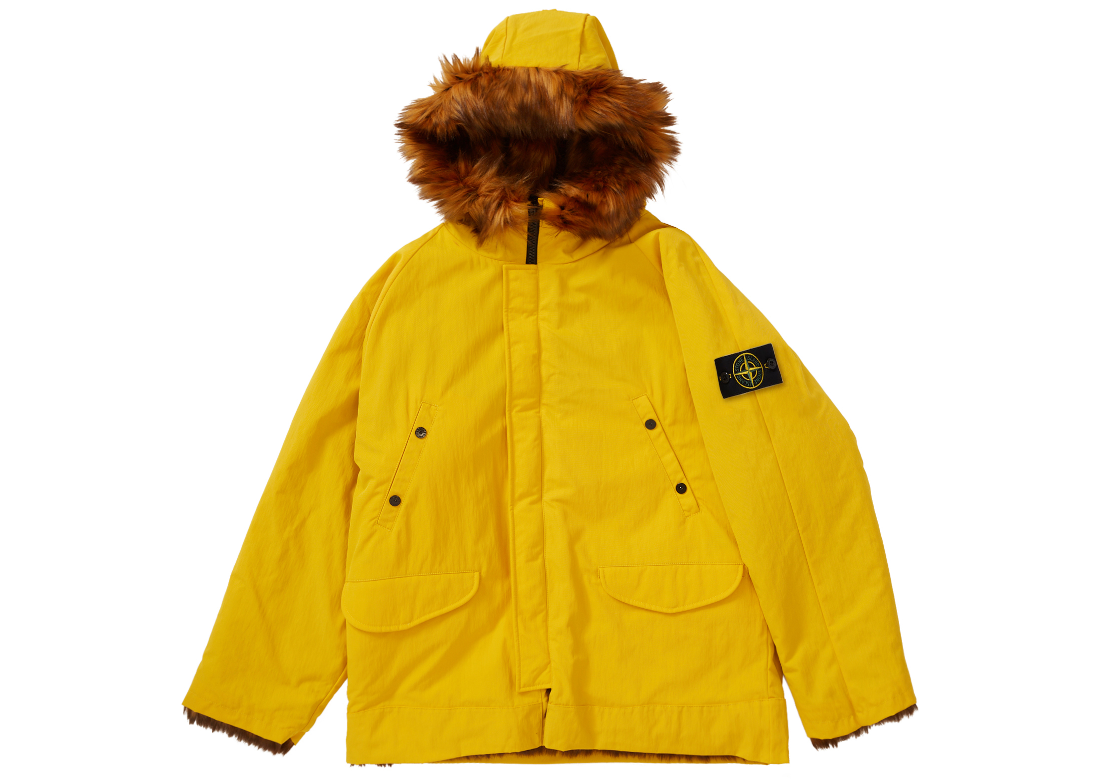 streetwear Supreme Stone Island Formula Steel Reversible Faux Fur Parka Yellow