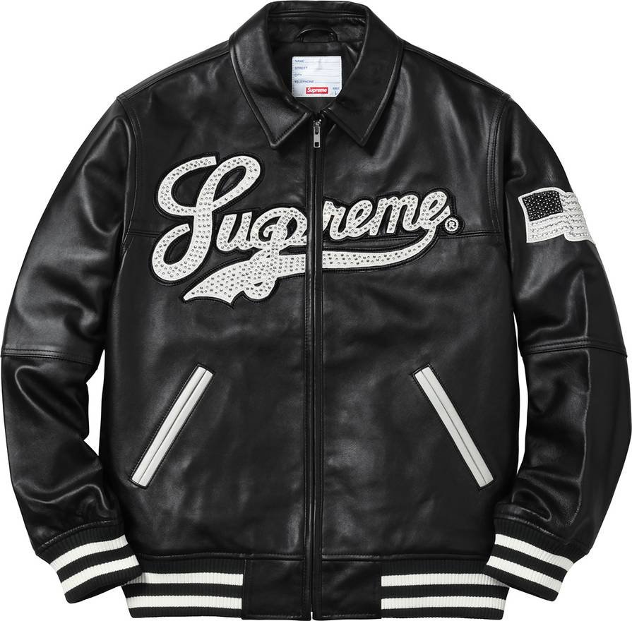 streetwear Supreme Uptown Studded Leather Varsity Jacket Black