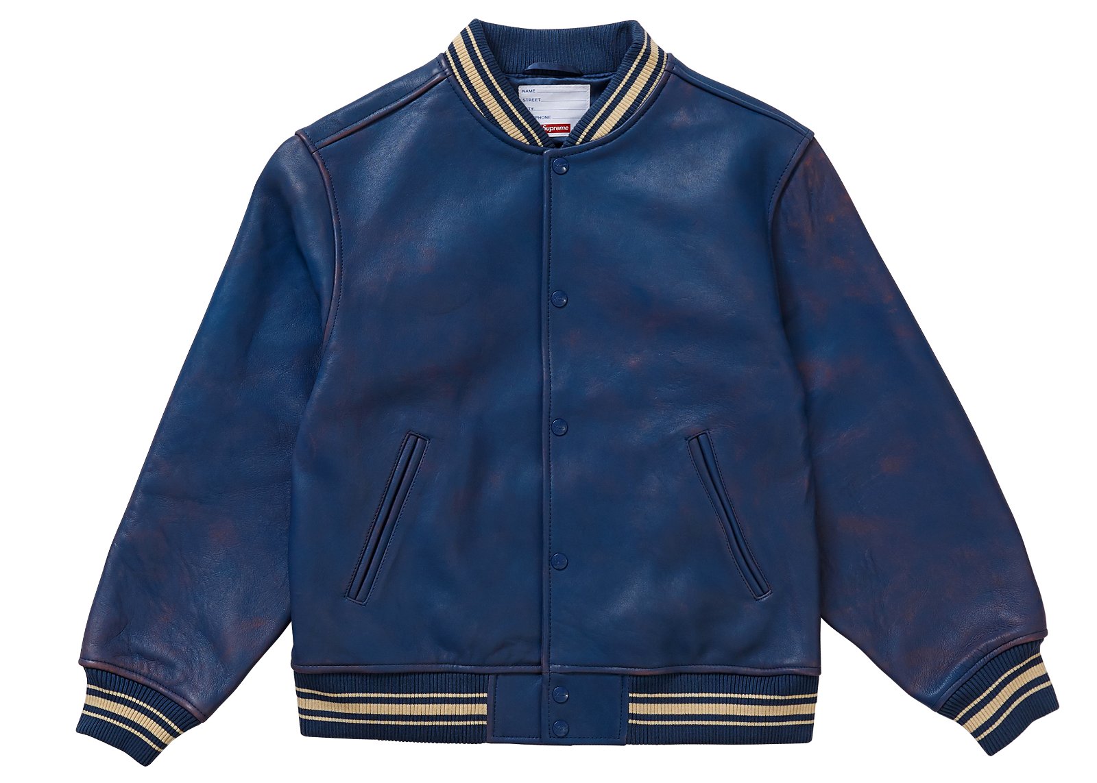 streetwear Supreme Worn Leather Varsity Jacket Blue