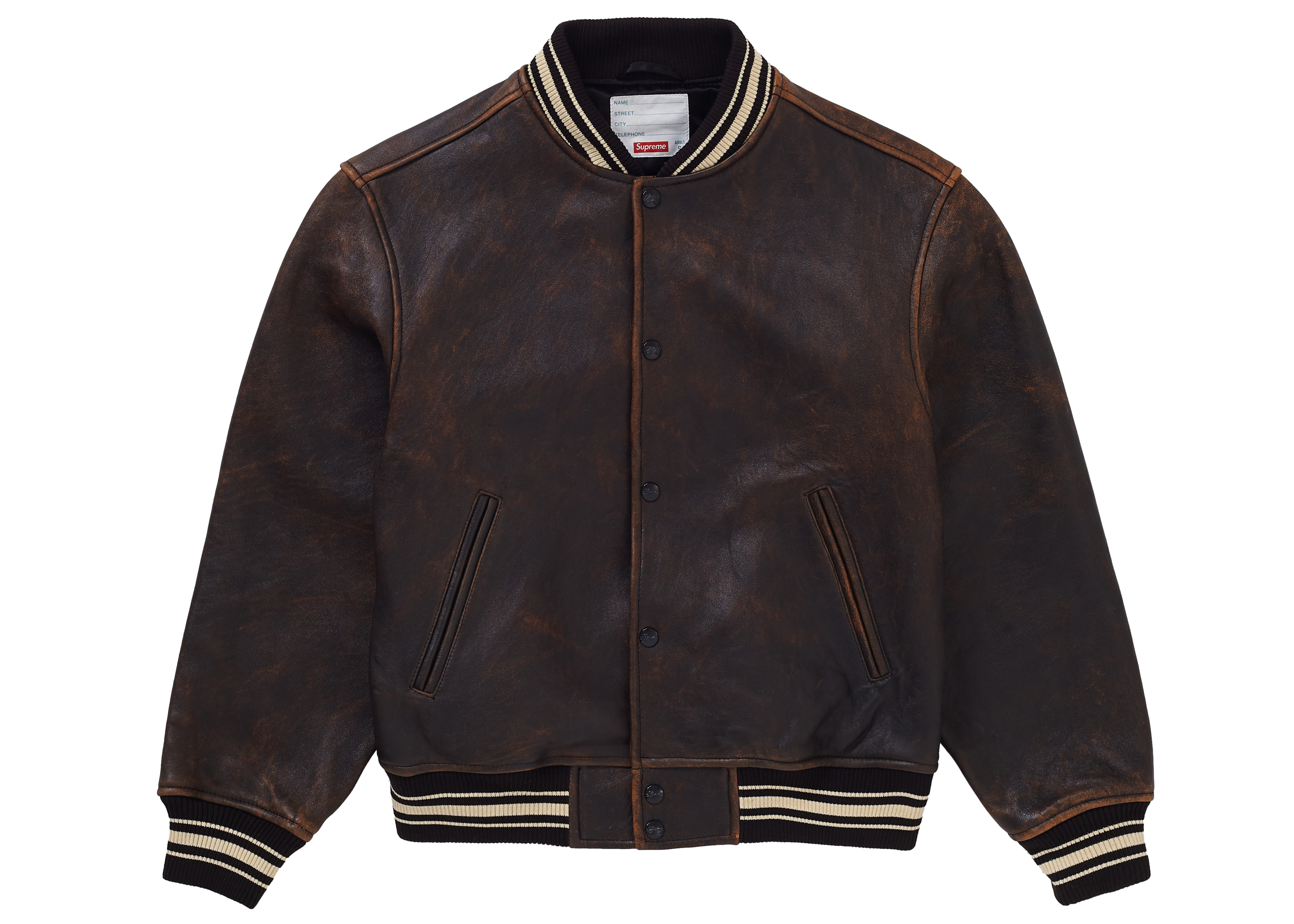 streetwear Supreme Worn Leather Varsity Jacket Black