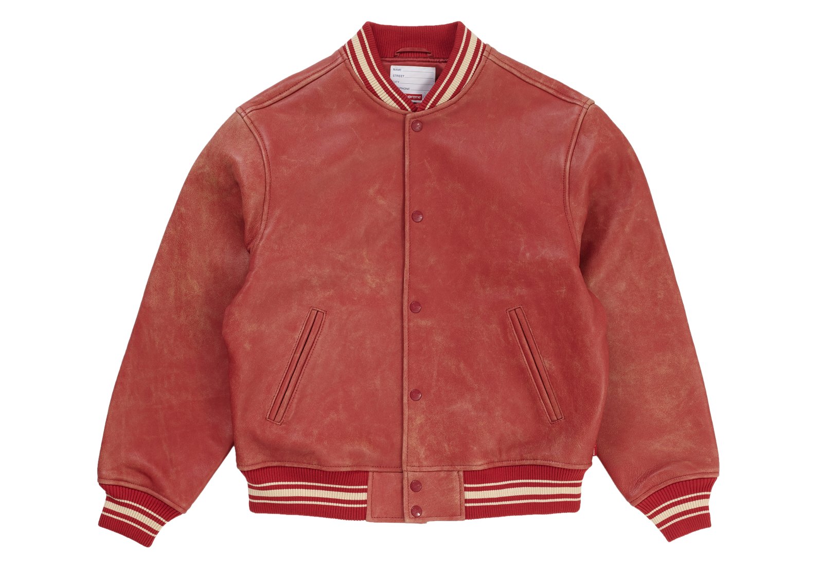 streetwear Supreme Worn Leather Varsity Jacket Red