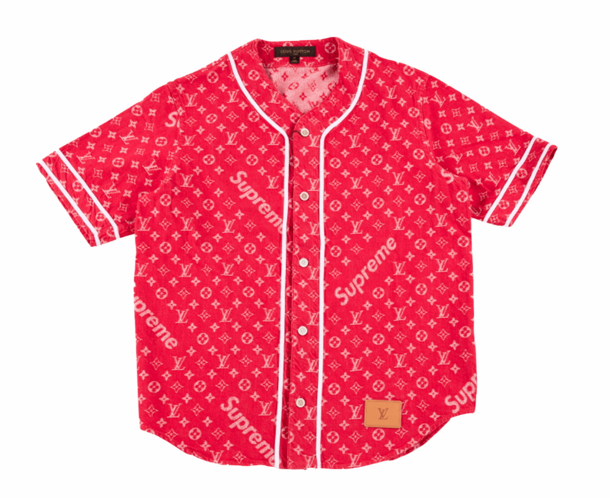 streetwear Supreme x Louis Vuitton Jacquard Denim Baseball Jersey Red