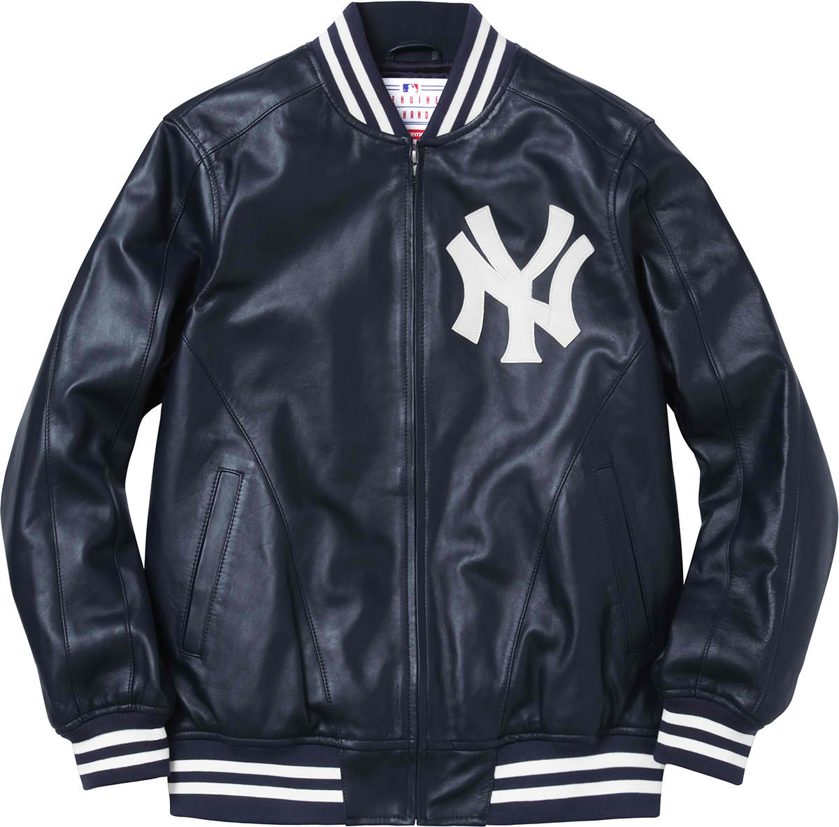 streetwear Supreme Yankees Leather Varsity Jacket Navy