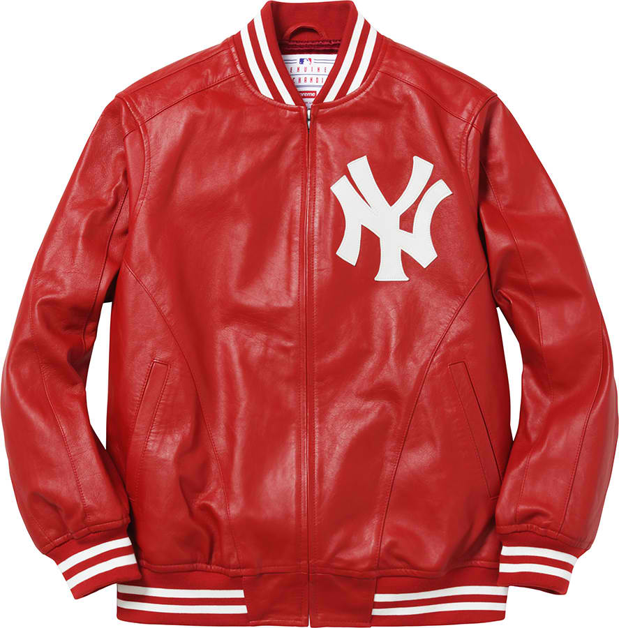 streetwear Supreme Yankees Leather Varsity Jacket Red