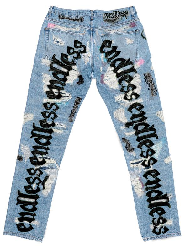 streetwear Vlone x Endless Embroidered and Distressed Denim Jeans Black