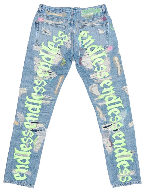 streetwear Vlone x Endless Embroidered and Distressed Denim Jeans Neon Green
